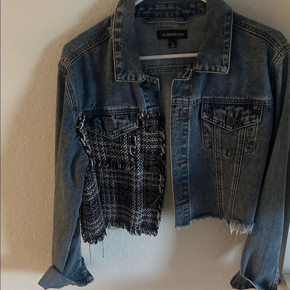 Blue Denim Jacket with Black Tweed Accent